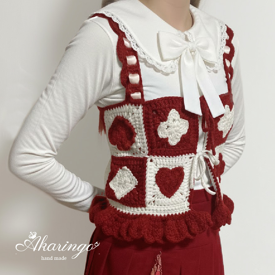 裾フリル トランプ柄 スクエアモチーフ ニット ビスチェ 赤×白