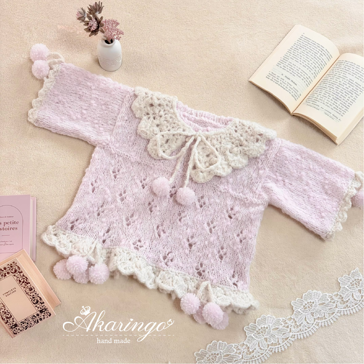 子ども用 プルオーバー 七分丈袖 子ども用 春セーター ピンク さくらんぼ 襟取り外し可能2way　100サイズ