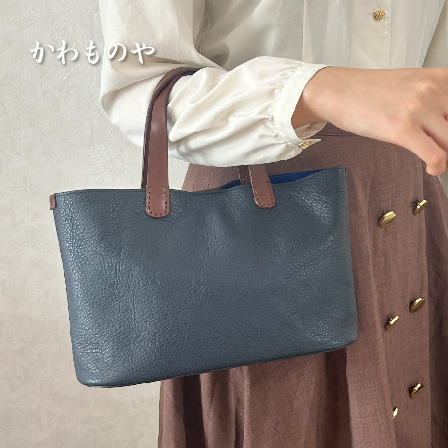 牛革×ピッグスエード ハンドバッグ ネイビー（紺色）本革