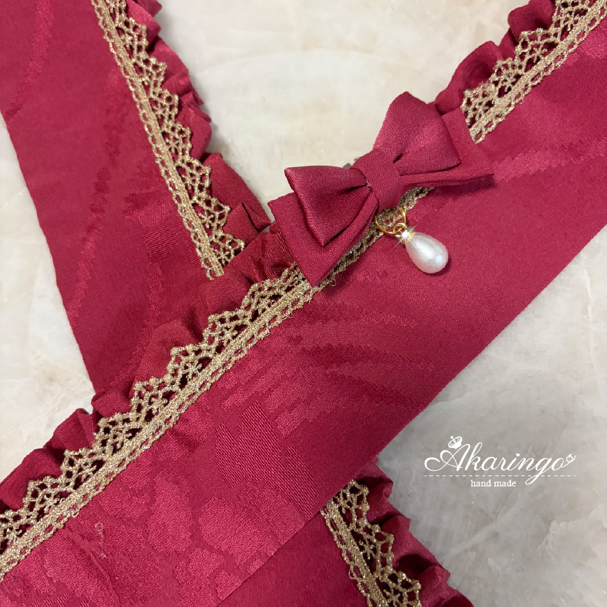 伊達衿 赤×金 フリル レース